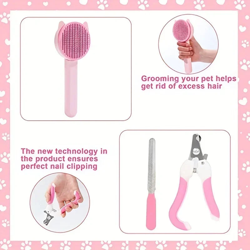 Nestora PurrGroom – 8PCS Cat Beauty Kit | Brushes, Nail Clippers & Flea Comb Set