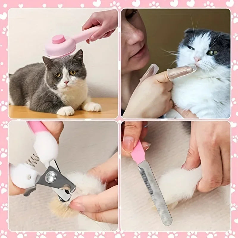 Nestora PurrGroom – 8PCS Cat Beauty Kit | Brushes, Nail Clippers & Flea Comb Set