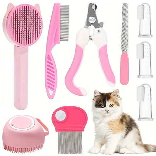 Nestora PurrGroom – 8PCS Cat Beauty Kit | Brushes, Nail Clippers & Flea Comb Set